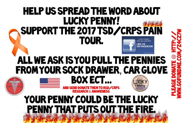 pmck0001's tweet photo. What if you had the #LuckyPenny that found a cure? Support #2017PainTour with your @LuckyPenny_CRPS  @ChrisP60 https://t.co/3IKd7ENDoW