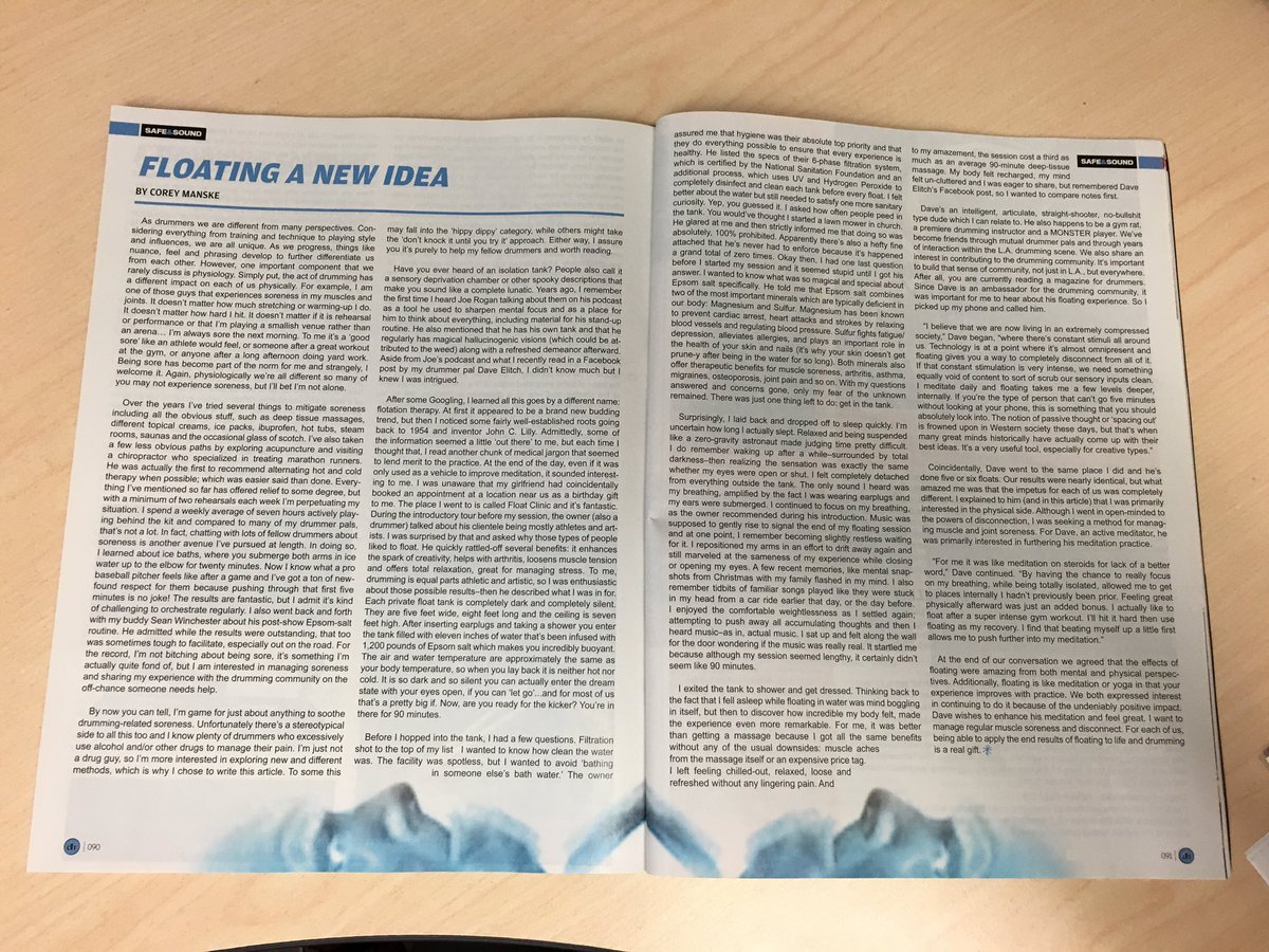 coreymanske's tweet image. @FloatClinic BOOM!! Page 90 &amp;amp; 91 of the new @Drumheadmag is the feature I wrote about floating! Enjoy!