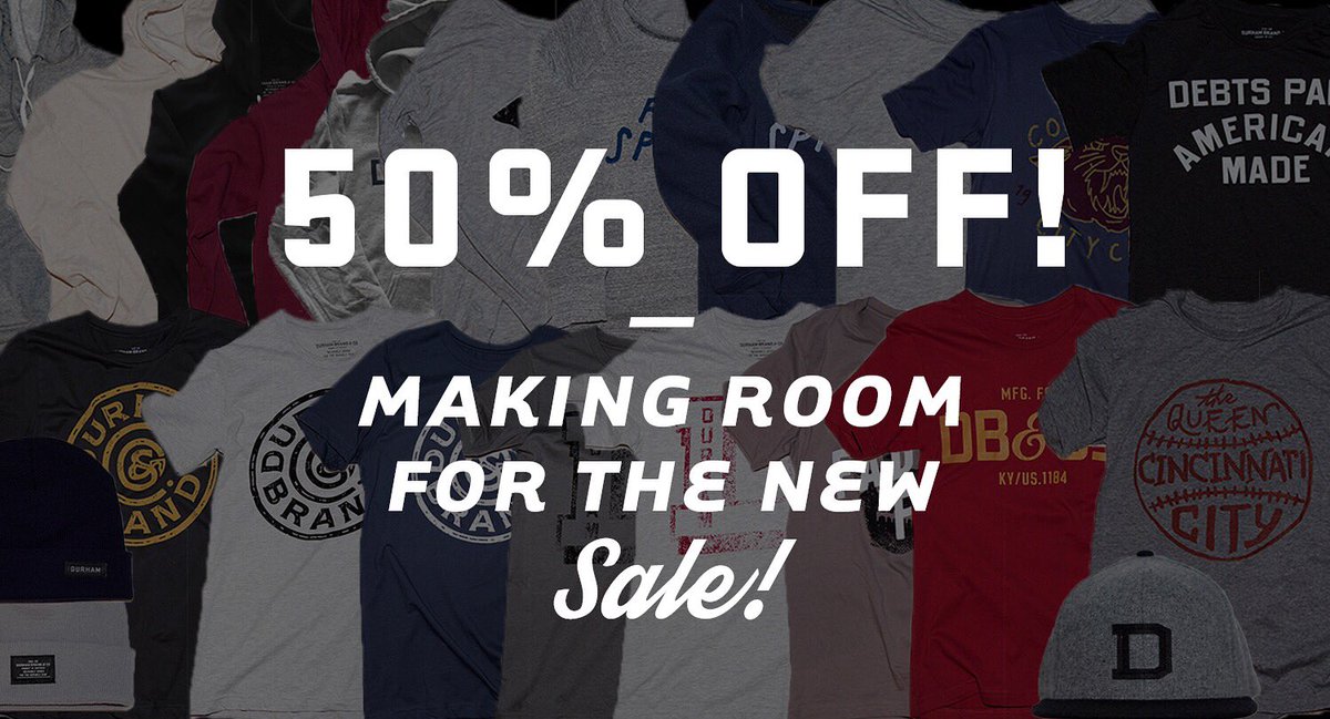 durhamdept's tweet photo. We're clearing the racks for and slapping 50% OFF stickers on a bunch of classics! No code needed at checkout. https://t.co/H8DuaNUDwo