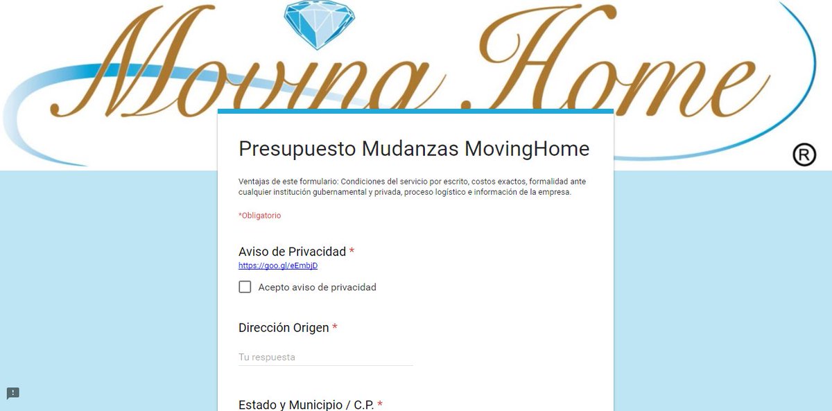 MovingHomeMX's tweet image. #Mudanza #MovingHome 
Recibe costo de tu mudanza solo llenando este sencillo formulario 
goo.gl/ZZN2p5