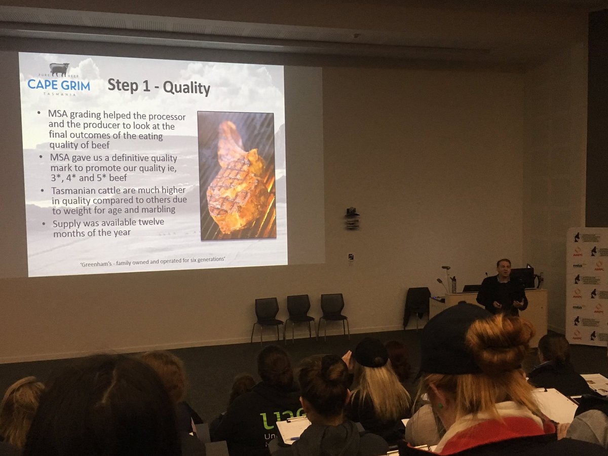 pruemccormack's tweet photo. @Capegrim CEO Peter Greenham proving the quality of grass fed beef @ausmeatjudging #ICMJ16 #betteronbeef #aussiebeef https://t.co/Xt4FwnxVF4