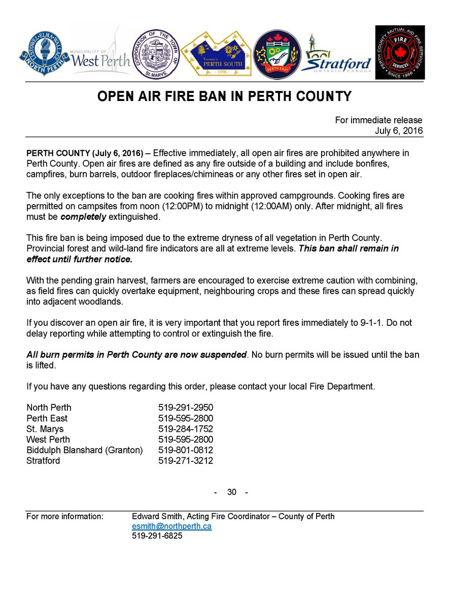 WestPerthON's tweet photo. EFFECTIVE IMMEDIATELY! Open Air Fire Ban in Perth County. This ban includes all of West Perth. https://t.co/8wGdN37VpY