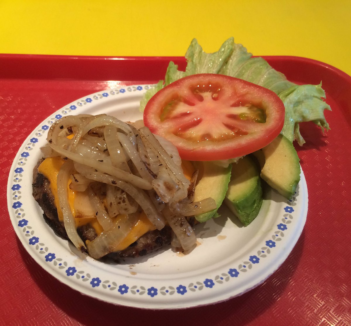 Today's 🍔: The Chai-ler
Burger with cheese, Sate O's, lettuce, Tom's and Avacado slices.