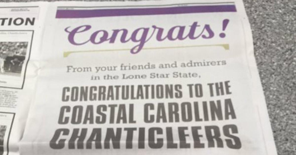 This is class. 

TCU congratulates Coastal Carolina with full-page newspaper ad: on.ncaa.com/29iAjYT
