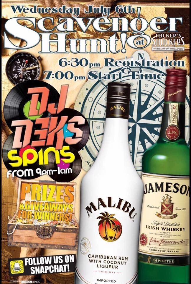 Get teams of 2-5 people &amp; meet at Tuckers Shuckers before 7  to enter in the Scavenger Hunt &amp; win sweet prizes! 🔍🏆