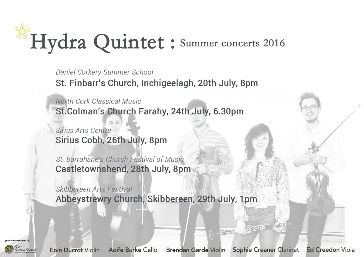 Hydra Quintet hope that you can join us at one of our Co.Cork venues.   Thanks to <a href="/Corkcoco/">Cork County Council</a> for the support.
