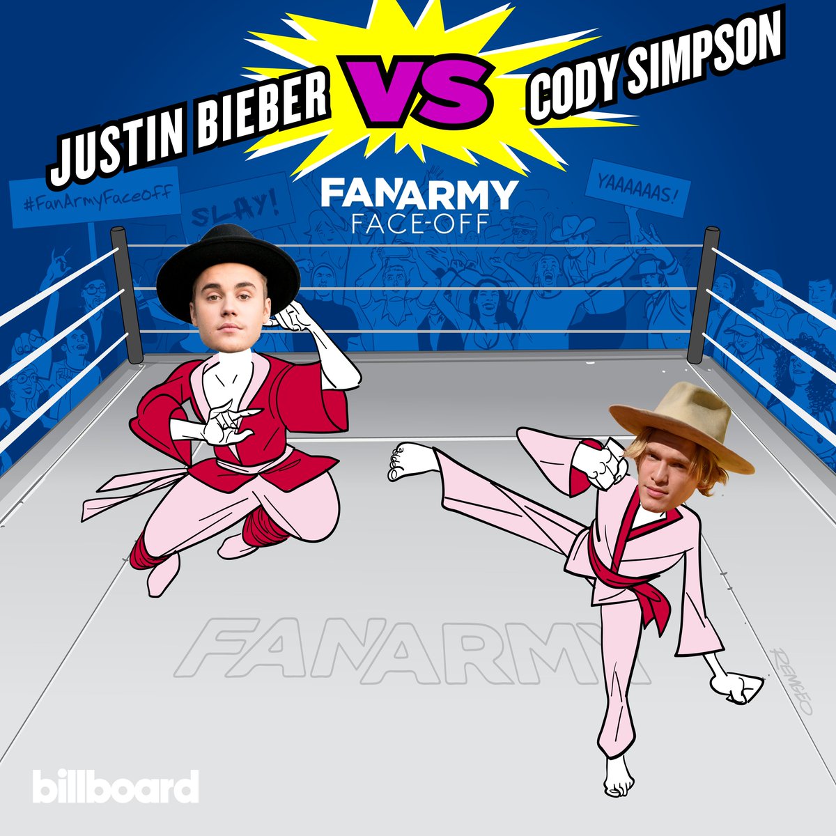 billboard's tweet photo. Vote in #FanArmyFaceOff! @JustinBieber's #Beliebers vs. @CodySimpson's #Simpsonizers https://t.co/68LxysrXrE https://t.co/JbAI8DDRGO