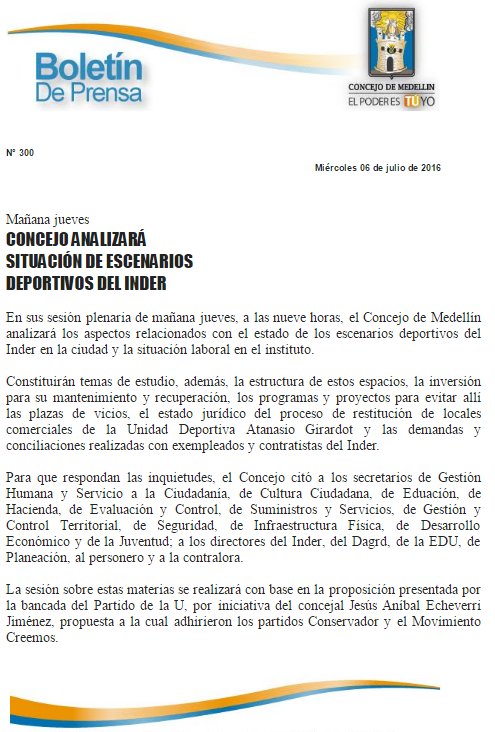 Boletín de Prensa: Concejo Analizará Situación de Escenarios Deportivos del INDER. Mañana, 9 am, en vivo por YouTube