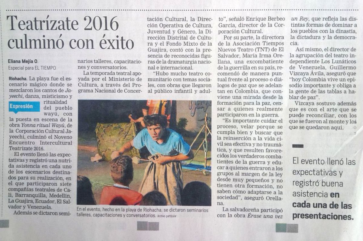 jayeechi010's tweet photo. Con éxito culminó el 9° Encuentro Intercultural Comunitario ¿Teatrízate! 2016. (Publicación nacional-@ELTIEMPO). https://t.co/B1U3K7NSN9