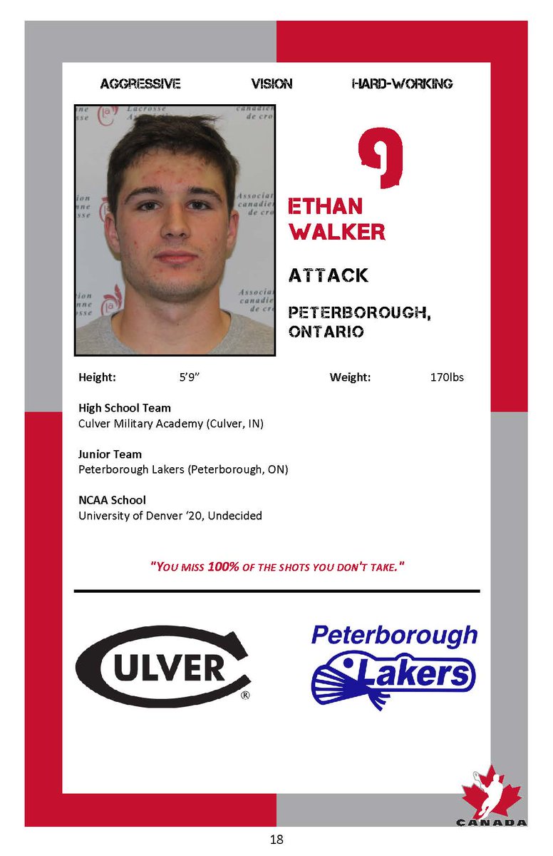 CanadaLacrosse's tweet photo. Introducing #9 Ethan Walker

Fav Non-Lax Athlete: @KingJames
Fav Quote: "You miss 100% of the shots you don't take" https://t.co/oHpN0aJ4Lb