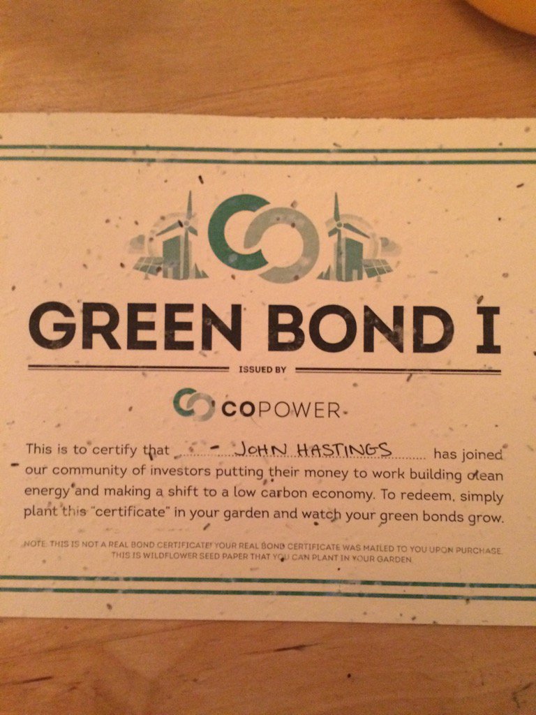 johnrhastings's tweet photo. My green bond! @CoPowerInc @rbouskila https://t.co/apMx4FylL3