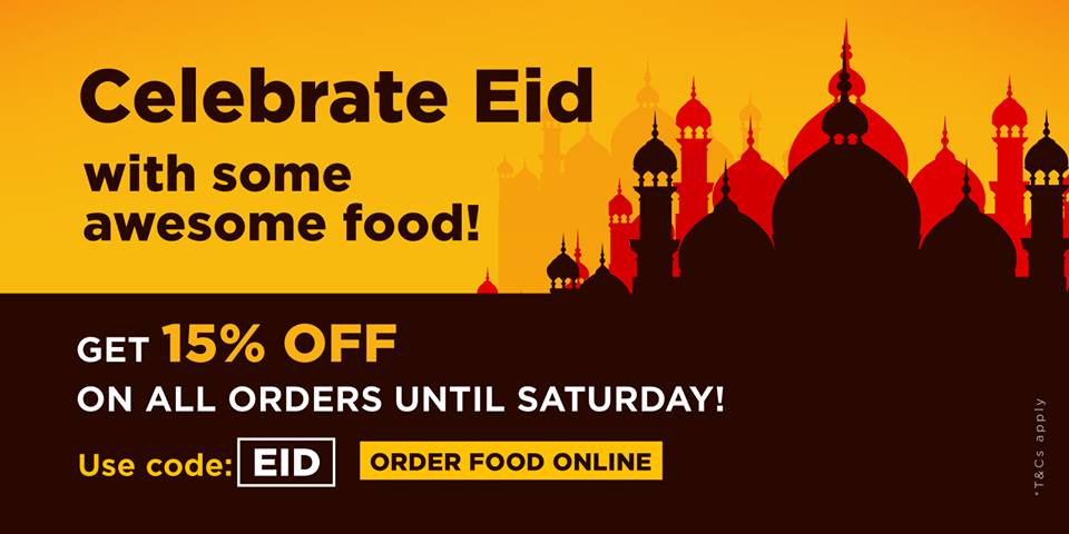 Happy Holidays folks! Order online on <a href="/Zomato/">zomato</a> now and enjoy an exclusive 15% discount until Saturday!! #EidMubarak