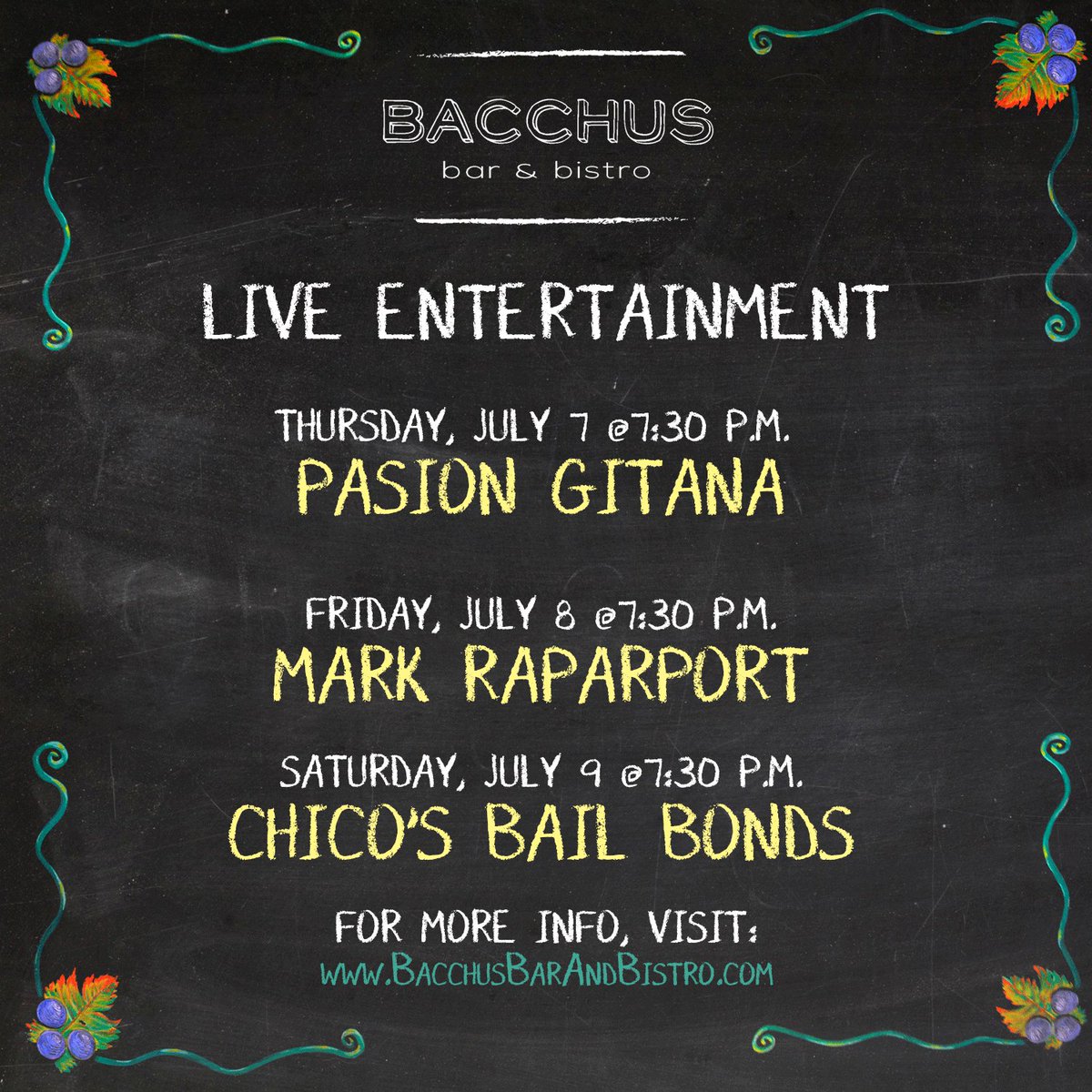 Bacchus_Irvine's tweet photo. Tomorrow kicks off another great weekend of #livemusic featuring Pasion Gitana, Mark Raparport &amp; Chico's Bail Bonds https://t.co/5uAAVi1bLu