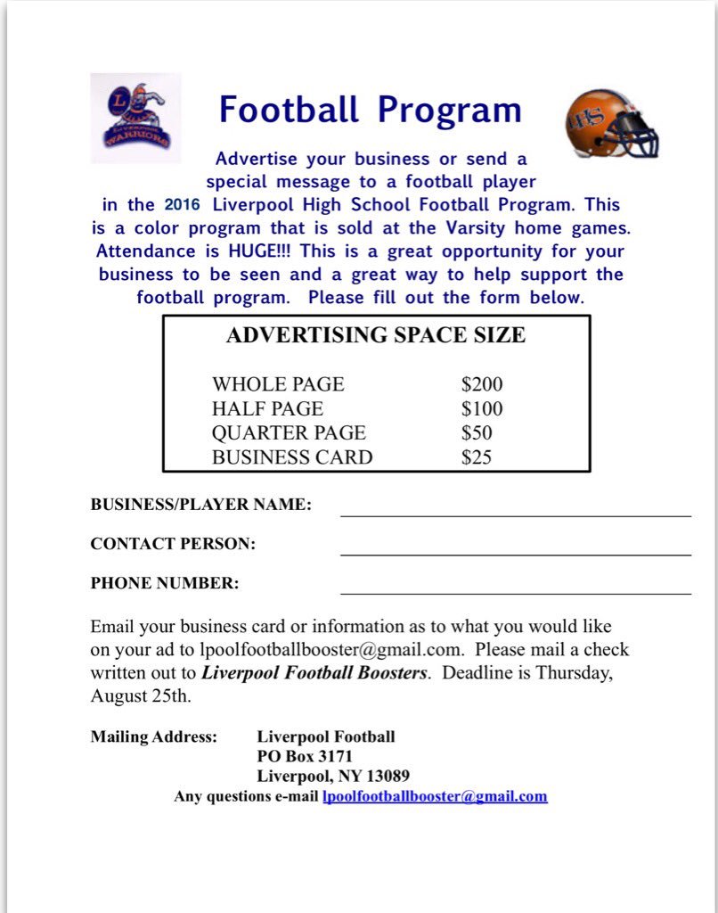 It's almost time for Friday Night Lights...Advertise in the 2016 Liverpool Football Program! <a href="/LCSDAthletics/">Liverpool Athletics</a>