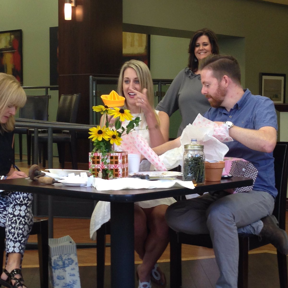TulsaFBC's tweet photo. Our staff celebrating @kendalrader and @mmcmahon_'s wedding shower with gifts to help "build" up their marriage! https://t.co/zr2eJpxjPi