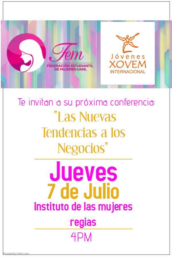Asistan a esta interesante conferencia, que se llevara a cabo en el instituto de las mujeres regias. #AtitudFEM