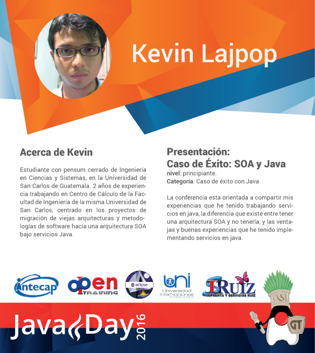 guatejug's tweet photo. Te presentamos a Kevin Lajpop, uno de los expositores del #JavaDayGT2016, con su caso de éxito "SOA y Java" https://t.co/y4LLudVEdB