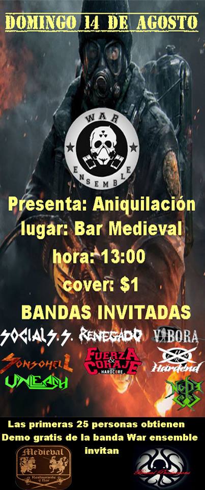 NACIONMETAL's tweet photo. 14 de Agosto - Aniquilicación - Bar Medieval - 13 Horas - Cover $1.00 - @SOCIALSSTHRASH #Sonsohell #Renegado y más https://t.co/cpeEg62HUC