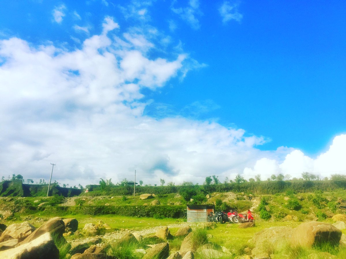 #sunnyday #sky #clouds #greensurroundings #trees #yamahabikes #stones #photography #dhungesahu #pokhara #Nepal🇳🇵