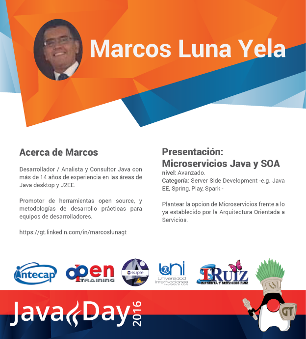 guatejug's tweet photo. Te presentamos a Marcos Luna, uno de los expositores del #JavaDayGT2016, presentación: "Microservicios Java y SOA" https://t.co/3j5jGiBlUR