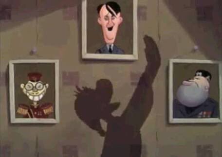 竹熊健太郎 地球人 ディズニーの反枢軸国プロパガンダアニメ 総統の顔 起床したドナルドがヒトラー ムッソリーニ ヒロヒト天皇の写真に敬礼をするが ヒロヒト天皇の顔が東條英機に見える件