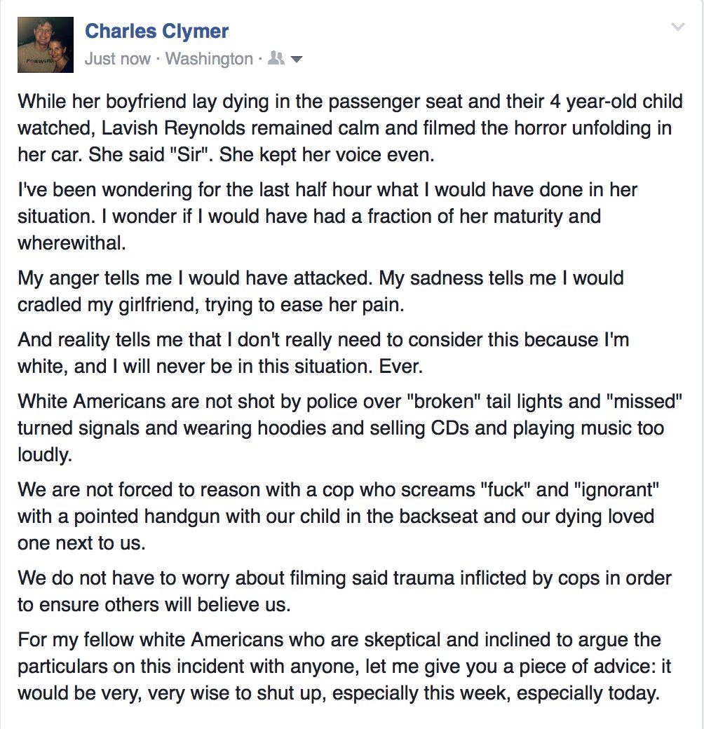 cmclymer's tweet image. I couldn't say this all in a tweet. My advice to fellow white Americans tonight.

#FalconHeightsShooting