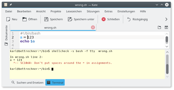 dewomser's tweet image. Hilfreiches Tool für #Linux bash ist #shellcheck. zusammen mit dem Editor Kate 
github.com/koalaman/shell…
