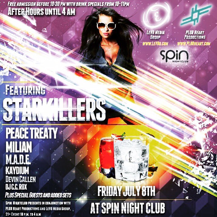 KaydiumMusic's tweet photo. Playing at @SpinNightclub this Friday with @Starkillers and @TheePeaceTreaty. Going to be an epic night of music! https://t.co/tRQ8TRAlCV
