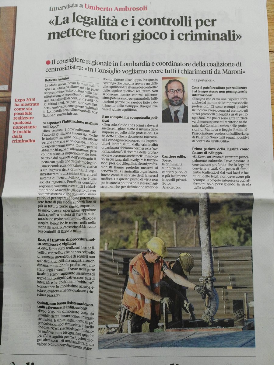 Su <a href="/unitaonline/">l'Unità</a> a pagina 3 la mia intervista su #legalità e infiltrazioni mafiose in appalti di società della Fiera