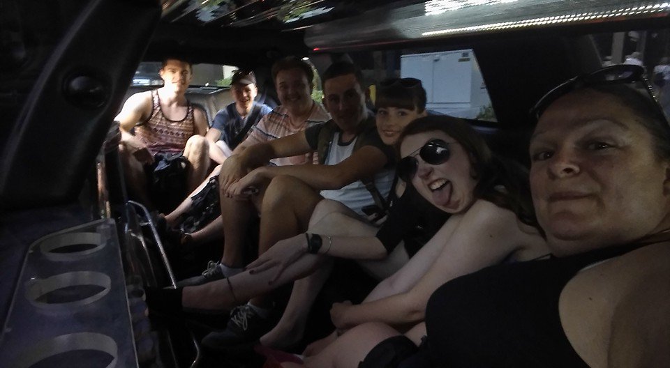 LeFuzzyOtter's tweet photo. @SundayBrunchC4 We hired a limo whilst in Vegas on a uni field trip (I'm the one sticking my tongue out) #WonLife https://t.co/Ah3ivD0H3I