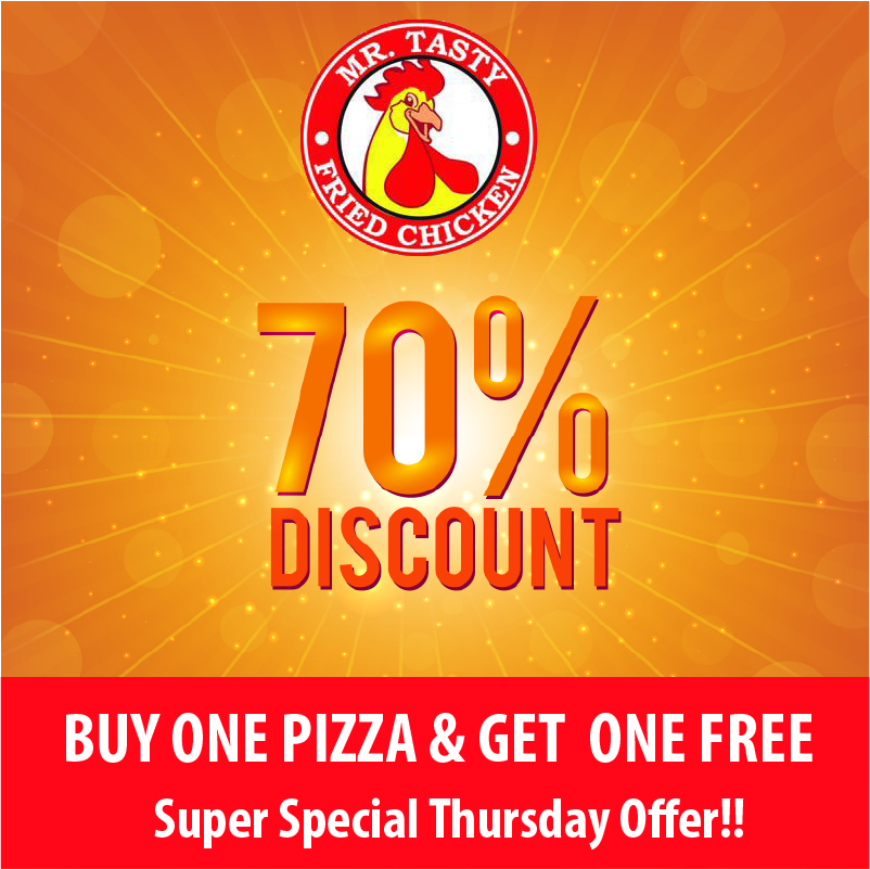 mrtastyfried's tweet photo. It's real again at all Mr.Tasty Fried Chicken Branches upto 70% Discount!!! Buy One Pizza and Get One FREE https://t.co/deinx4AJ0E
