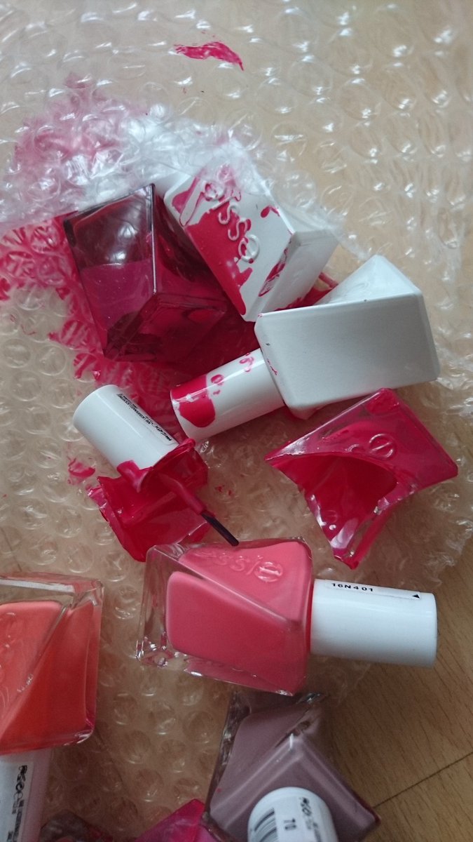 Blush_Artistry's tweet photo. Packaging fail by @SuperdrugHelp. Shattered @essie polishes in my parcel, broken glass, cut my finger
 Well done! https://t.co/vWsyNj3OsX