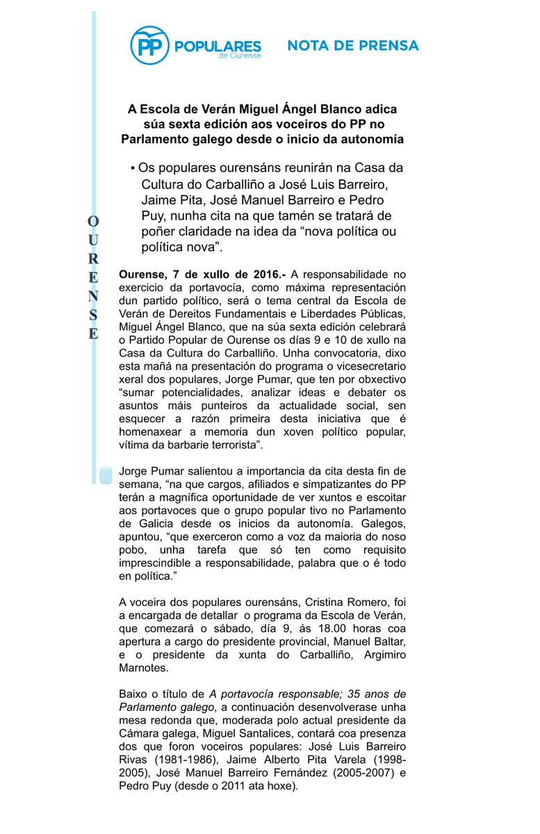 PPdeOU's tweet photo. A @EscolaVeranPPOu Miguel Ángel Blanco adica a súa sexta edición aos voceiros do @GrupoPopularGal PP no @Par_Gal https://t.co/IuAv3jlMr7