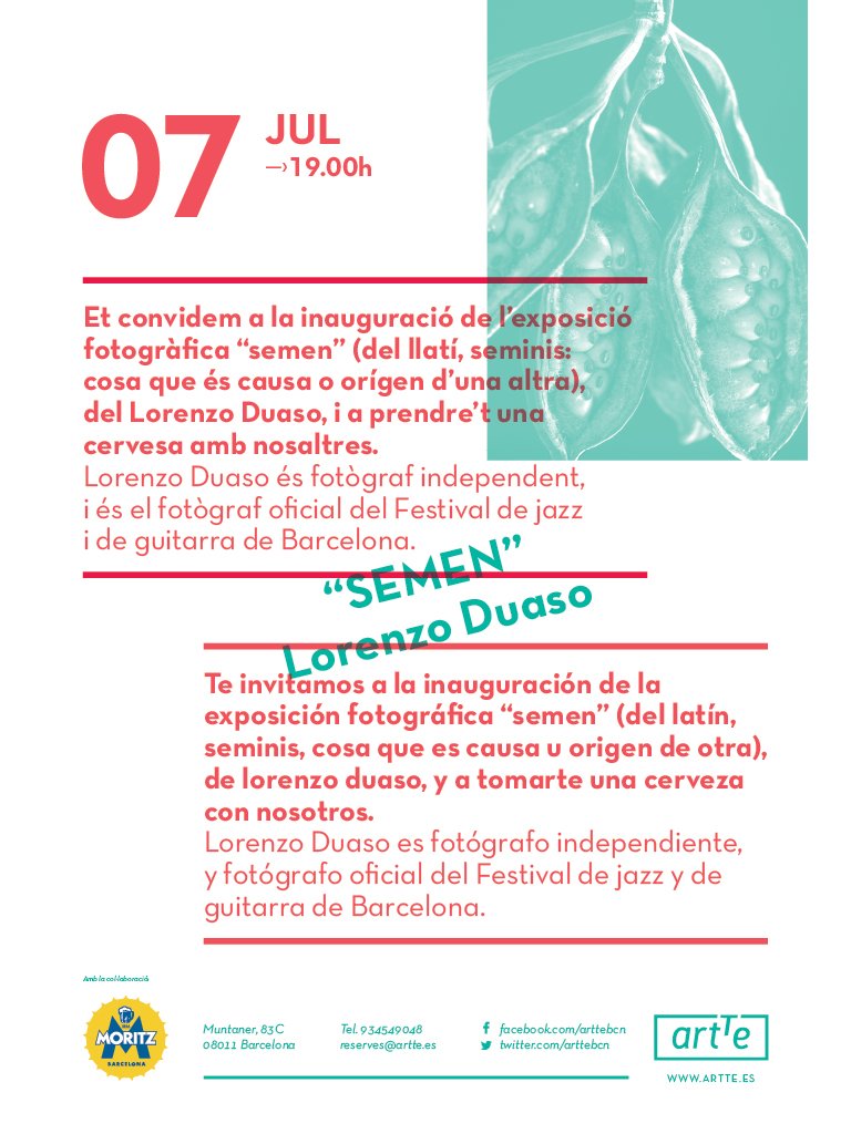 artte (@arttebcn) on Twitter photo ¡No os perdáis la expo de fotografía de <a href="/LorenzoDuaso/">Lorenzo Duaso</a>! Os esperamos a las 19h con una <a href="/MoritzBarcelona/">Moritz Barcelona</a> fresquita 🍻 ¡No os perdáis la expo de fotografía de <a href="/LorenzoDuaso/">Lorenzo Duaso</a>! Os esperamos a las 19h con una <a href="/MoritzBarcelona/">Moritz Barcelona</a> fresquita 🍻