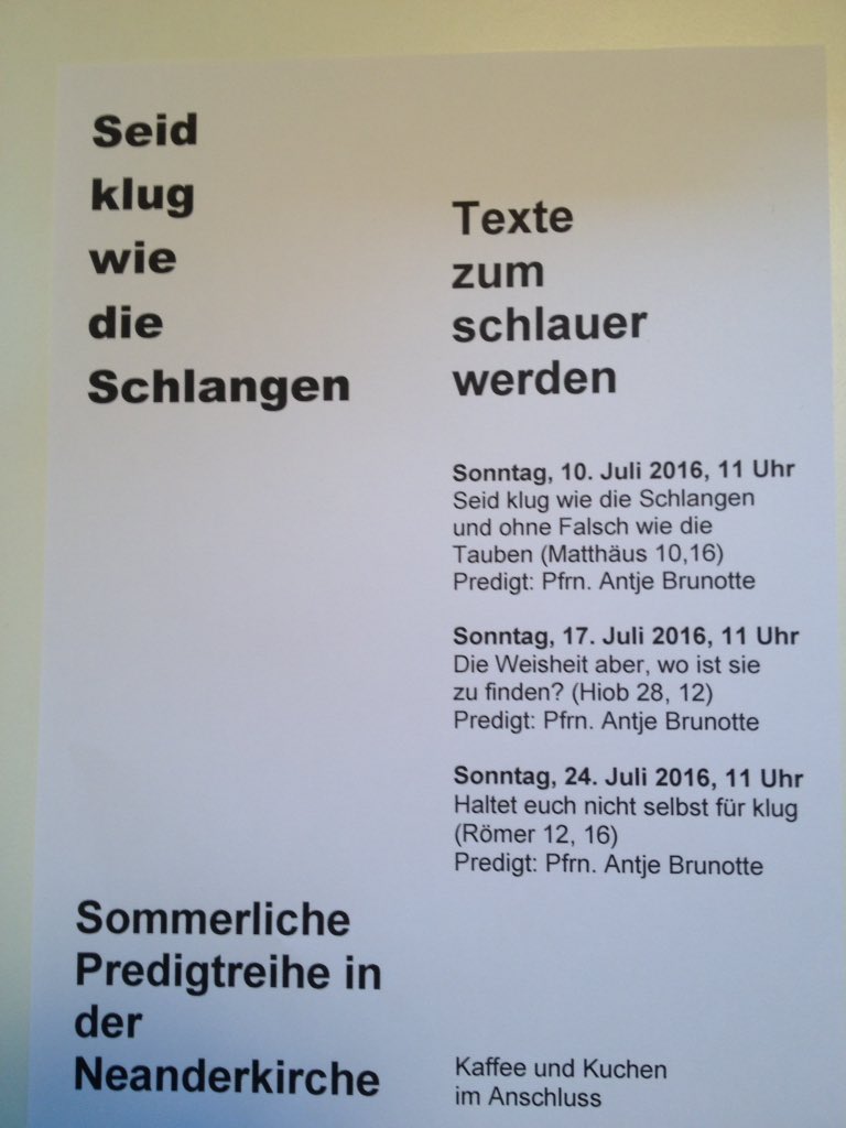 antjebrunotte's tweet photo. Sonntag 11 Uhr #Neanderkirche #Düsseldorf Beginn der Predigtreihe: Seid klug wie die Schlangen https://t.co/3FZLfFMjVR