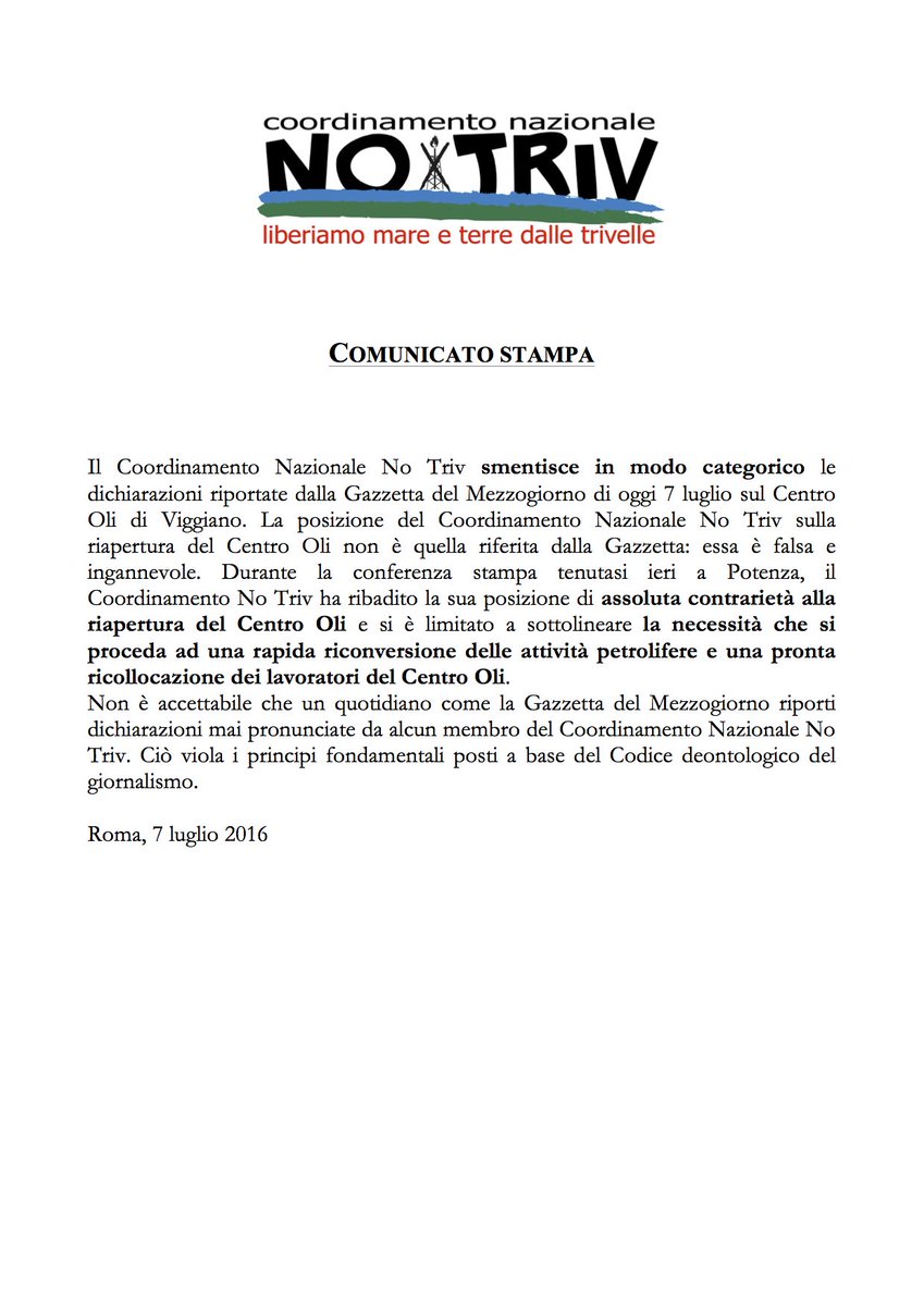 comunicato stampa <a href="/ScaranoVincenzo/">Gazzetta Val d'Agri</a> <a href="/corrmezzogiorno/">CorriereMezzogiorno</a> @rep_ambiente <a href="/LaStampa/">La Stampa</a> <a href="/fattoquotidiano/">Il Fatto Quotidiano</a> <a href="/ilmanifesto/">il manifesto</a> <a href="/RaiUno/">Rai1</a>