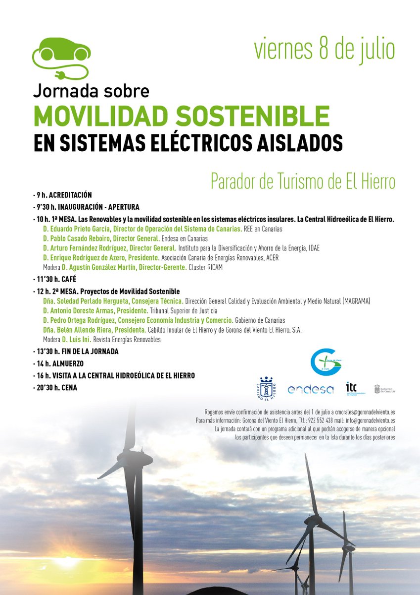 Recuerda!👉Jornada sobre Movilidad Sostenible este viernes 8/7 en #ElHierro <a href="/GoronadelViento/">Gorona del Viento</a> bit.ly/28Z8Ze6