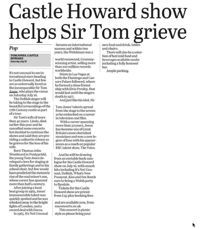 CultMediaLtd's tweet photo. Sir Tom Jones's forthcoming @SummerSessionUK @CastleHowardEst show makes the Malton &amp; Pickering Mercury FRONT PAGE https://t.co/MlwFFZv28z