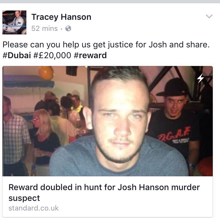 TraceyHansonLdn's tweet photo. Could you please retweet @khaleejtimes @JusticeForJoshH #Dubai #wanted #£20,000 #reward https://t.co/IfI5ehFK75