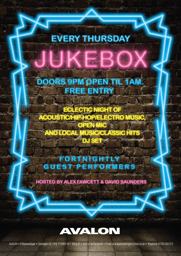 TONIGHT at <a href="/Avalon_Darlo/">Avalon Darlington</a> = #openmic for #acoustic/#hiphop/#electro #music &amp; special guests <a href="/ThereThereUK/">There There</a> (alt-pop).