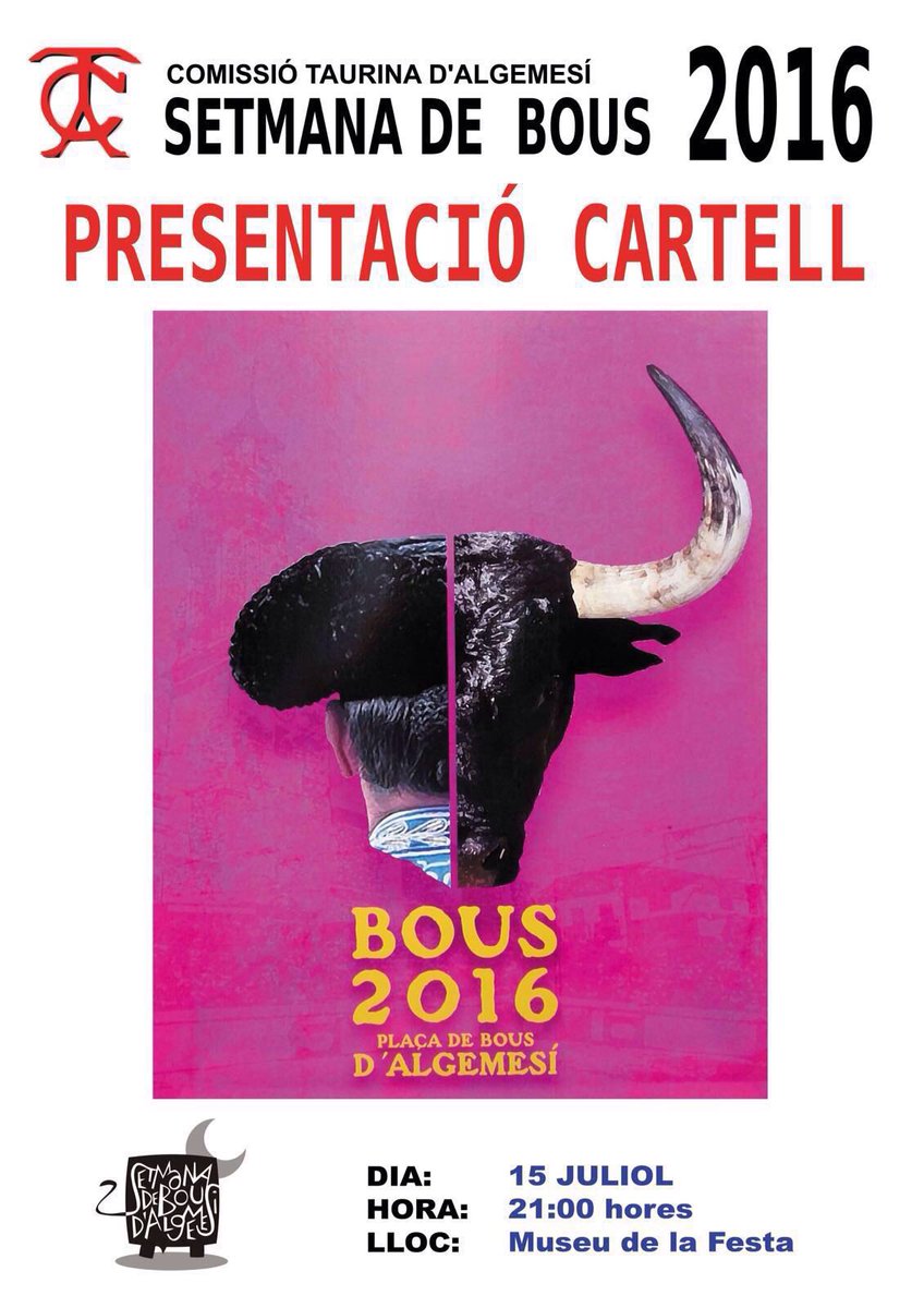 Comisioalgemesi's tweet photo. Pròxim divendres 15 de juliol, presentació del cartell de la SETMANA DE BOUS 2016!! Vos esperem!! #bousalgemesi16 https://t.co/9W3fswUZKh