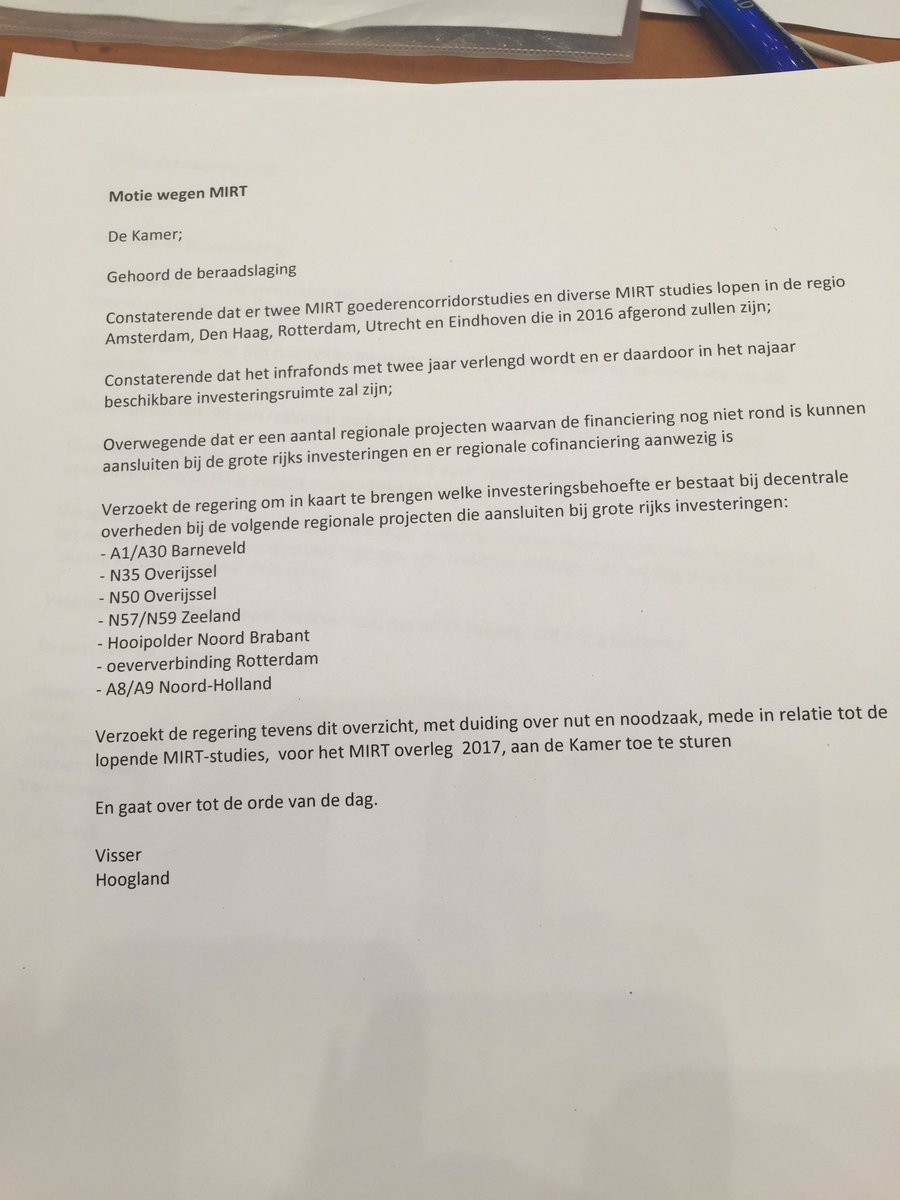Top! Zojuist door @BarbaraVVD middels een motie aandacht gevraagd voor regionale projecten als N50, N35 en A1 #MIRT