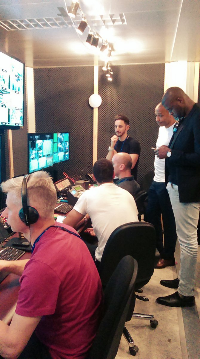 TandTFilms's tweet photo. Nearly go time!! Thierry &amp; Rio checking analysis before we go on air. #FRAGER #FRAALL #AllezLesBleus https://t.co/CLRU6LZILH