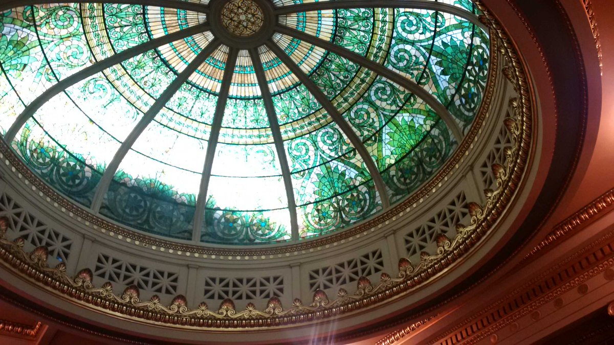 BPeeling's tweet image. Rotunda in the supreme court chambers in the PA state house. Impressive. Stained glass. #ButtonCon2016