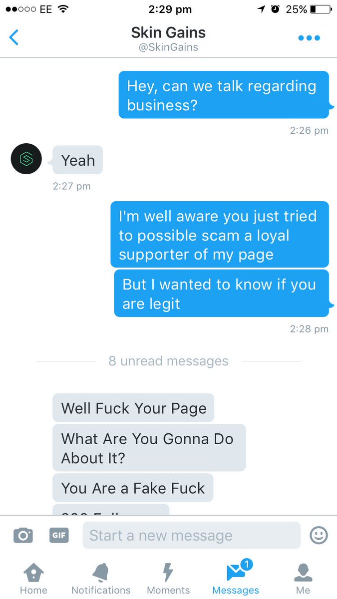 GiveawayForCSGO's tweet photo. Everyone please report @ SkinGains for trying to scam a supporter of the page, thanks. https://t.co/ukzWLHQVRu