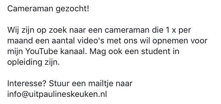 Ik zoek een (student) cameraman voor mijn YouTube kanaal.