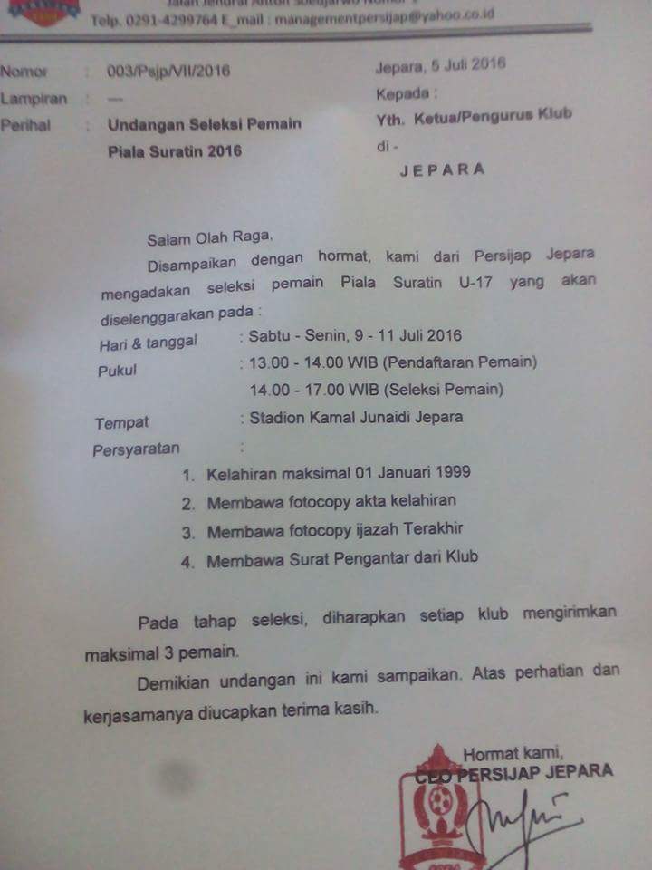 Undangan Seleksi Pemain Piala Suratin 2016, monggo semua bisa ikut asal asli #Jepara ....tulung ponakanmu kandani