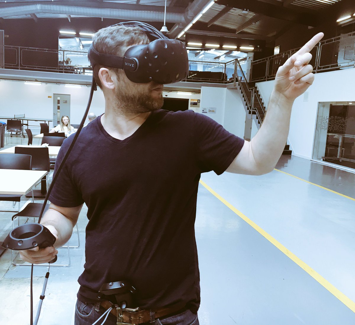 sharpproject's tweet photo. Dom from @SharpFutures & @tristanpoyser testing @SIGTRAPgames' #VR tech in The Campus after #showme16 https://t.co/zBbdc80G71