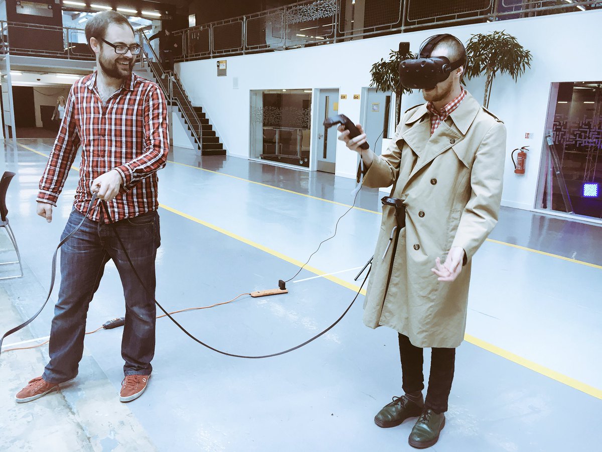 sharpproject's tweet photo. Dom from @SharpFutures & @tristanpoyser testing @SIGTRAPgames' #VR tech in The Campus after #showme16 https://t.co/zBbdc80G71