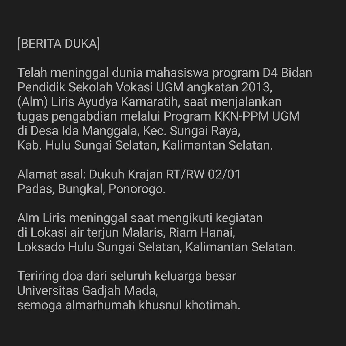 UGMYogyakarta's tweet photo. [BERITA DUKA] Liris Ayudya Kamaratih, D4 Bidan Pendidik SV UGM angkatan 2013. Semoga almarhumah khusnul khotimah. https://t.co/grqkljAfBz